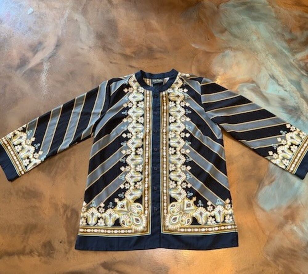 Bob Mackie Wearable Art Gray/Black/Gold Blouse Long Slv Front Buttons XS